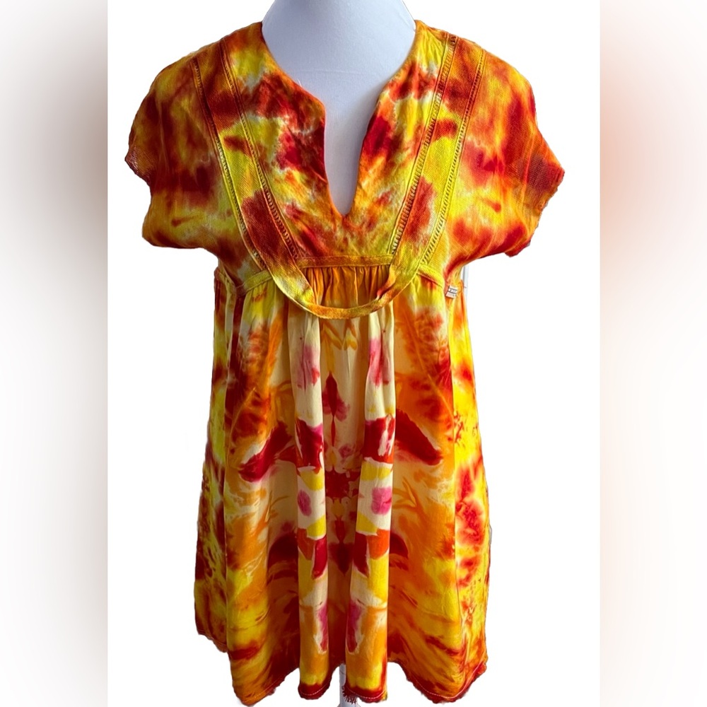 REBEL YELL Yellow Orange Red Tie Dyed Gauze & Rayon Tunic Top XS